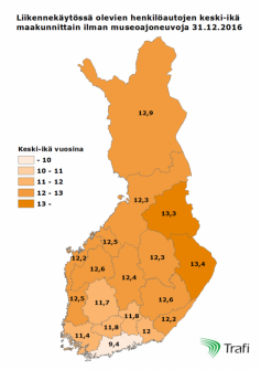Suomen liikennekäytössä olevien henkilöautojen keski-ikä maakunnittain ilman museoajoneuvoja 31.12.2016. Lähde: Trafi