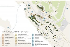 Ähtäri Zoon kehittämissuunnitelmat kartalla. Olemassa olevat ja suunnitellut kohteet kuvattu eri värisillä numeroiduilla palloilla.