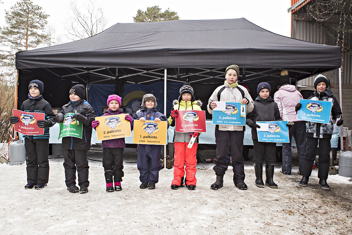 Osa Mini Miljoona Pilkin sarjojen parhaista yhteiskuvassa: Pyry Paloniemi, Topi Paloniemi, Senni Vainionpää, Matias Takila, Saara Marttila, Aatu Koliini, Oskari Raiski ja Kasper Bergström.