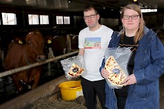 Tuomas ja Terhi Tohni esittelevät tilalla valmistettuja, tyhjiöpakattuja puolikkaan ja neljänneksen kotijuustoja. Kuvassa oleva Kahvi -niminen lehmä on sitä mieltä, että juusto sopii hyvin kahvin kanssa.