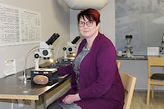 Toimitusjohtaja Susanna Keskinen tutustui sueviitin tutkimiseen mikroskoopin avulla.